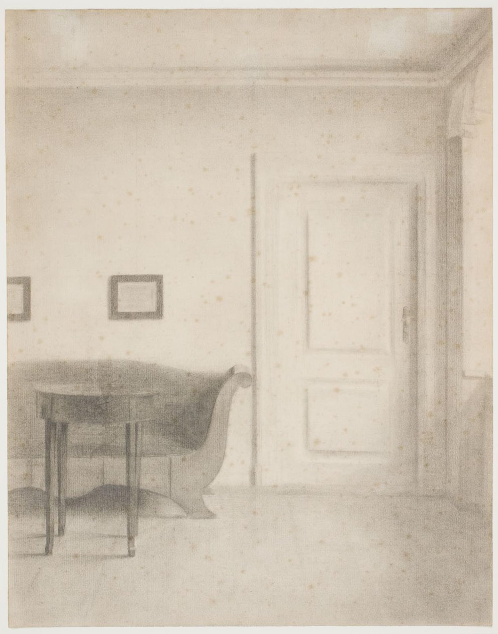 Interior with Sofa and Small Table, Right a Door by Vilhelm Hammershøi