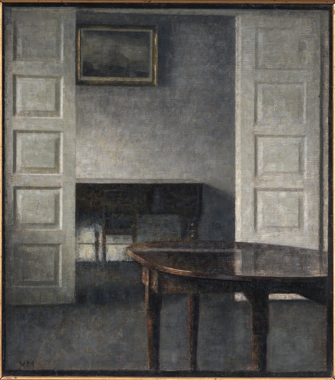 Living Room. The Double Doors Are Open to a Room Behind with a Closed Piano by Vilhelm Hammershøi