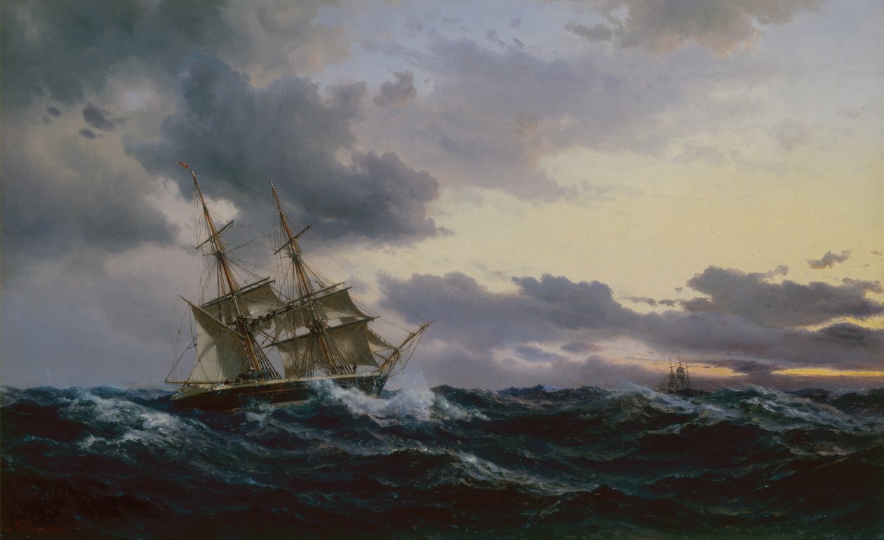 Sailing Vessels in a Stormy Sea by Vilhelm Melbye