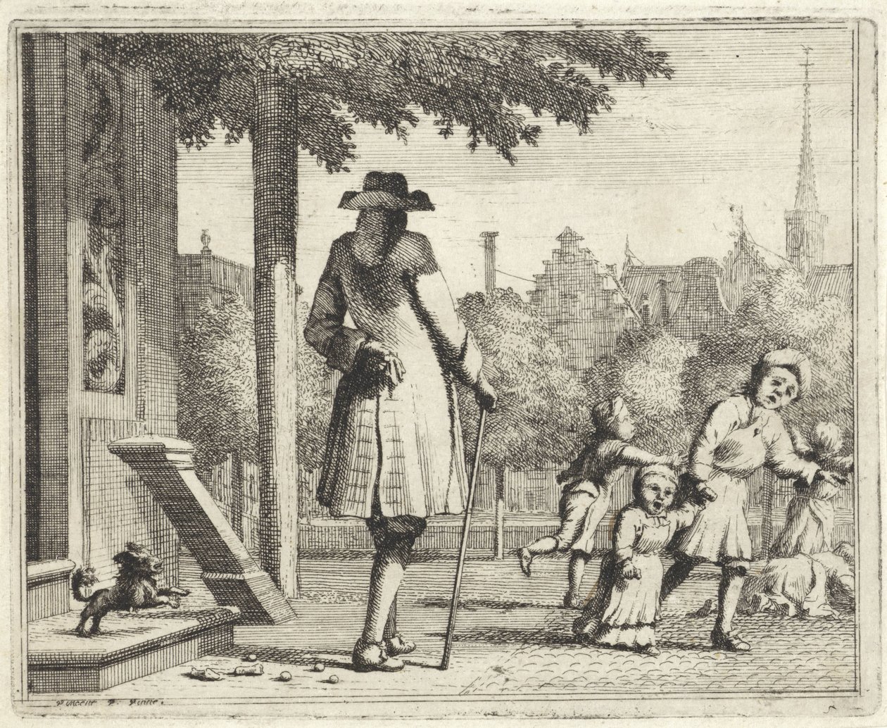 Dog Barking at a Man in a Street by Vincent Laurensz. van der Vinne (II)