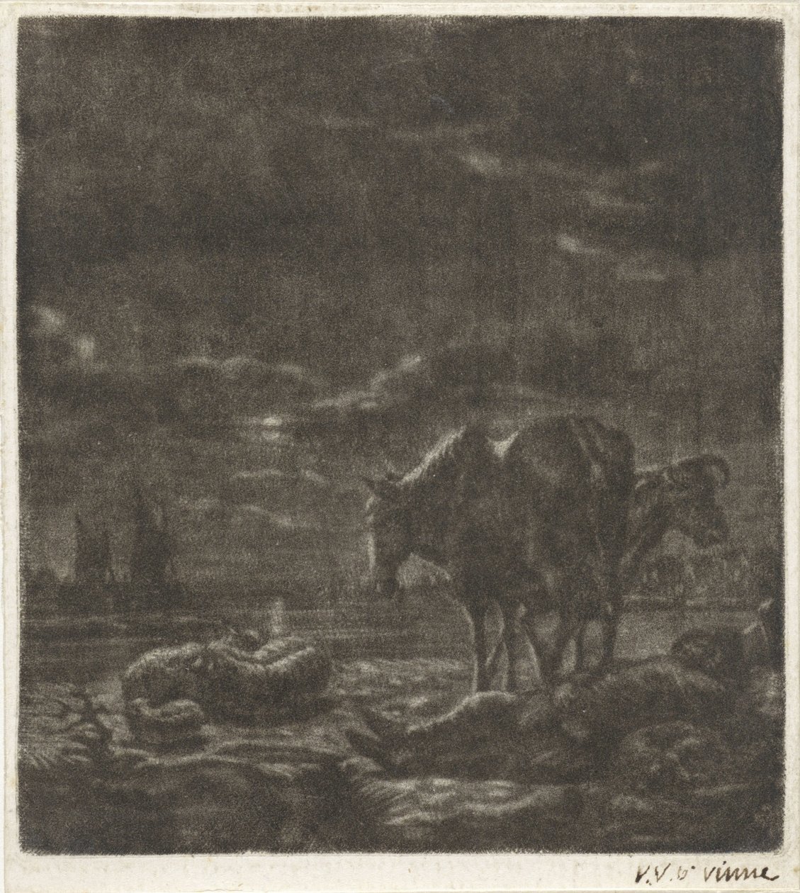Night Landscape with Sleeping Shepherd and Cattle by Vincent Laurensz. van der Vinne (II)