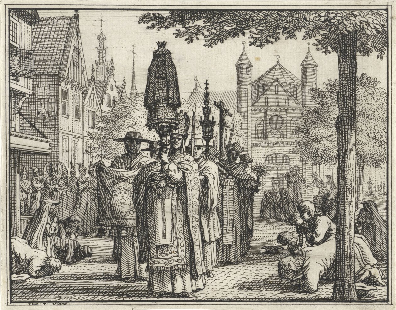 Procession with a Statue Through a Street by Vincent Laurensz. van der Vinne (II)