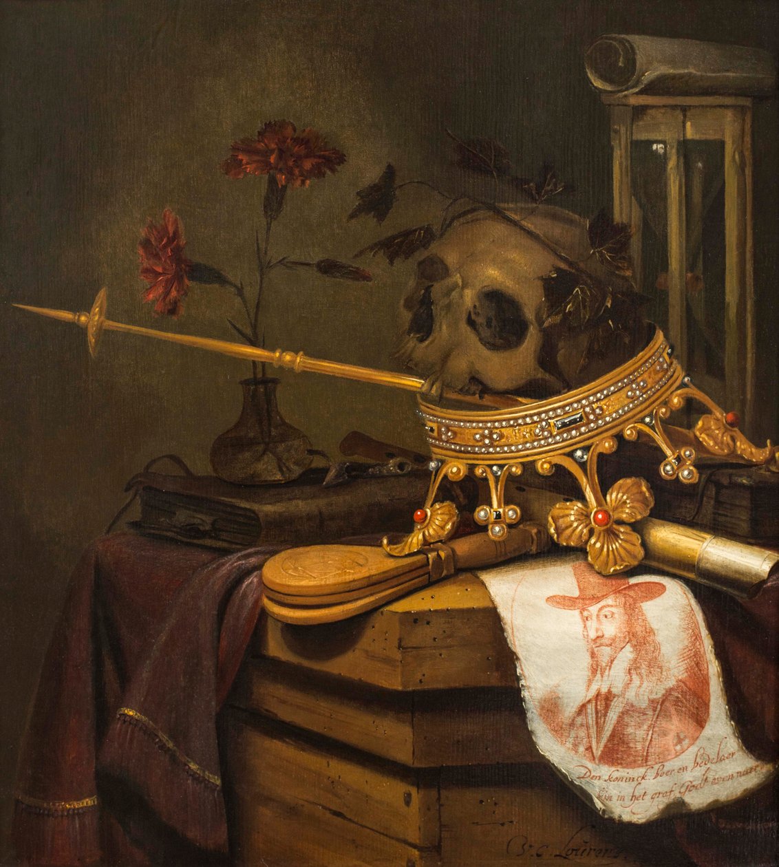 A Vanitas Still Life with a Skull, Crown, Sceptre, Flute, Bellows, Hourglass, Carnations in a Glass Vase, Scroll, Book and an Engraved Portrait of Charles I by Vincent Laurensz van der Vinne