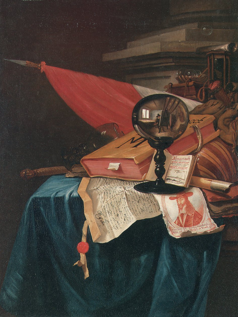 Vanitas Still Life with the Artist at His Easel Reflected in a Crystal Ball by Vincent Laurensz van der Vinne
