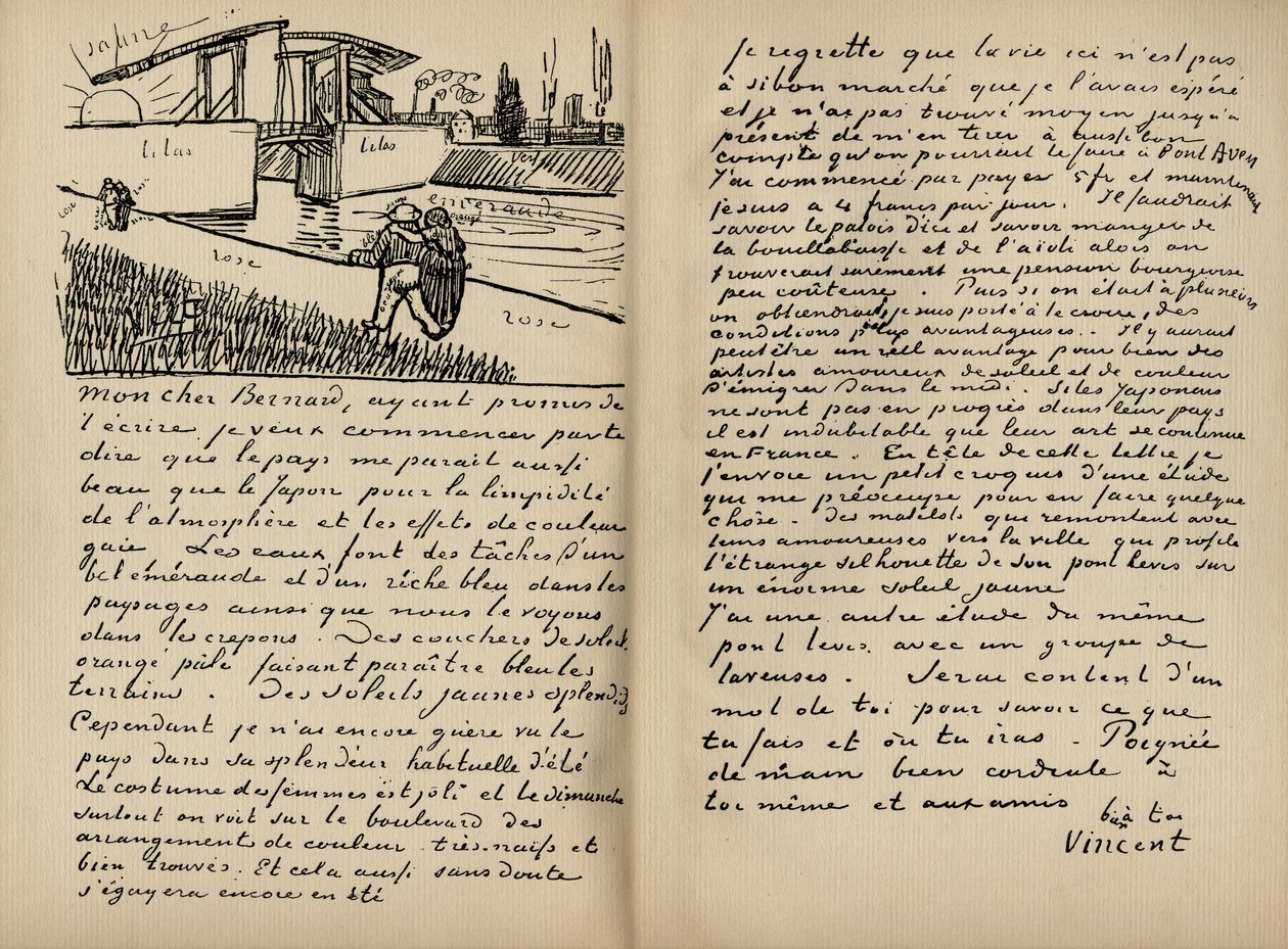 Facsimile of a letter from Vincent Van Gogh to Emile Bernard on the 18th March 1888, from the book 
