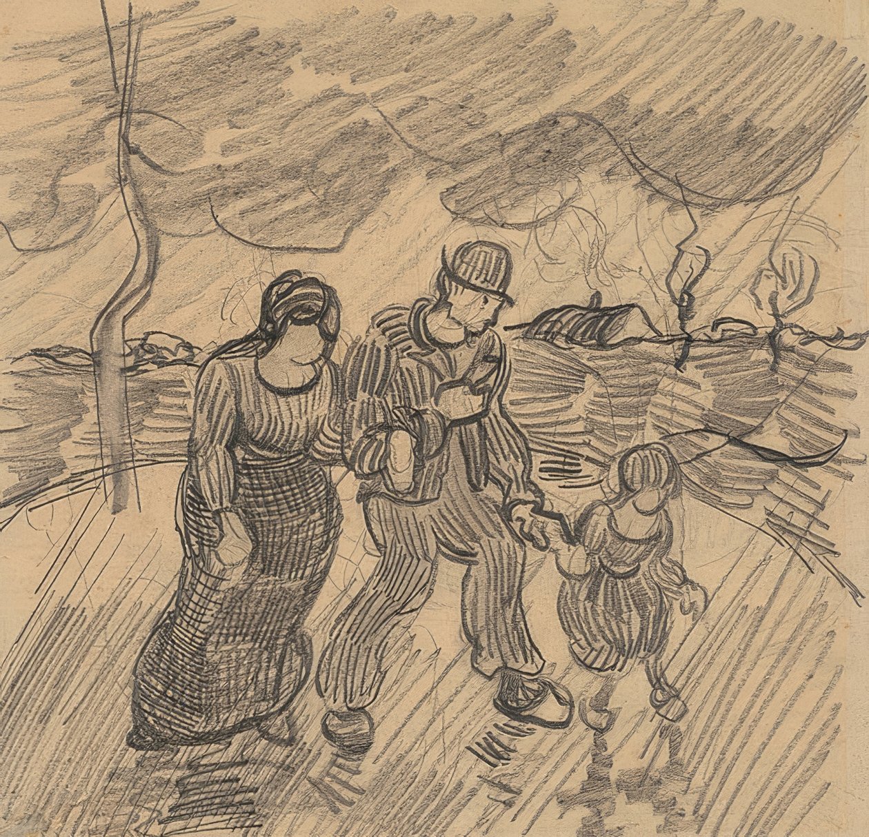 Couple with Child on a Street in the Rain by Vincent van Gogh