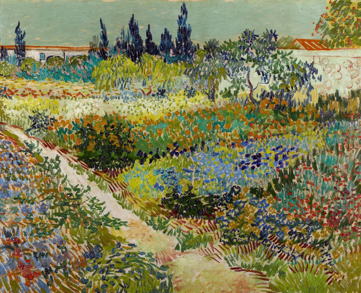 Vue de jardin fleuri avec chemin
