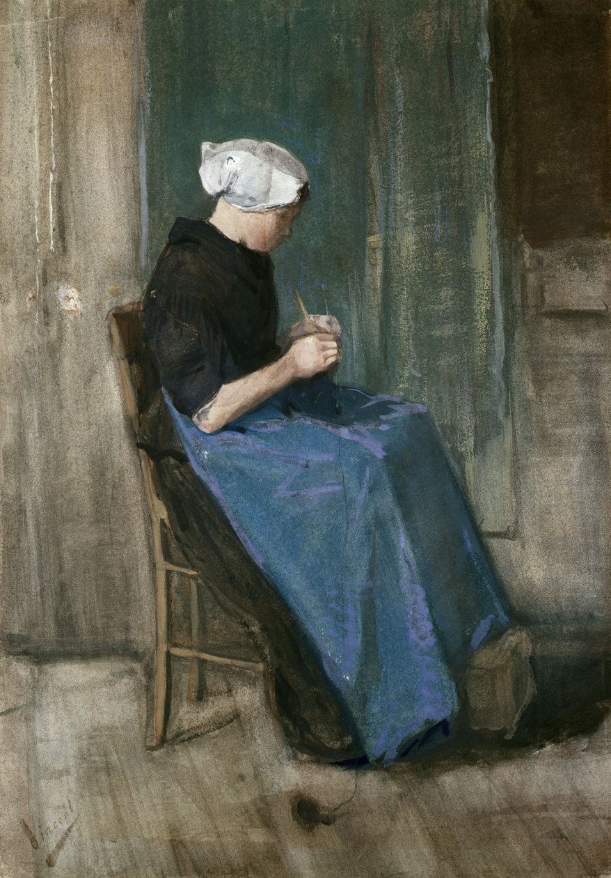 Young Scheveningen Woman Knitting, Facing Right by Vincent van Gogh