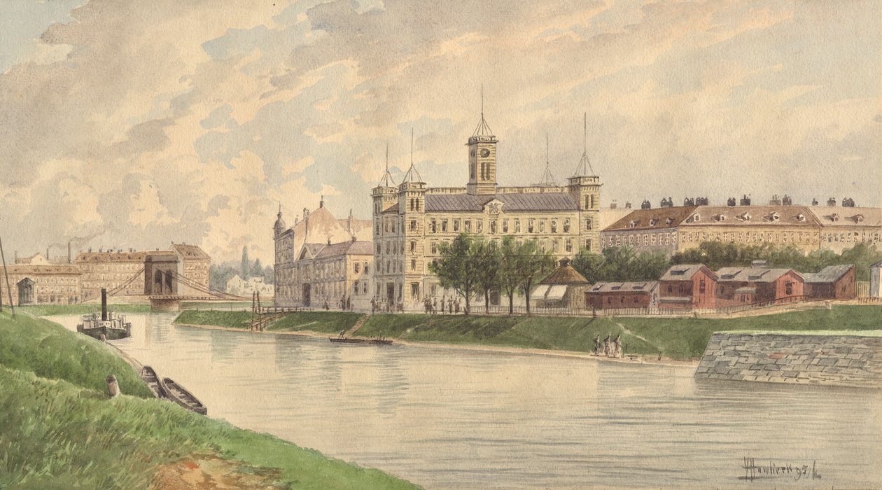 The Weissgärber Lände in Vienna with the Danube Steamship Building by Vincenz Havlicek