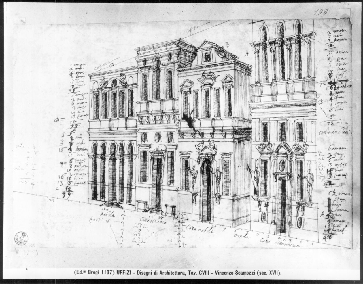 Drawing of the Facade of the Galleria degli Uffizi by Vincenzo Scamozzi