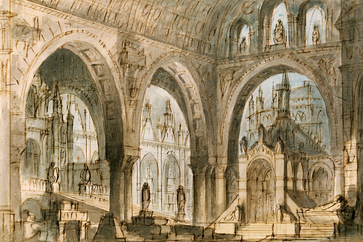 Set design for fourth scene of Capuleti and Montecchi, opera by Vincenzo Bellini, performed at La Fenice Theatre in Venice by Vincenzo Bellini