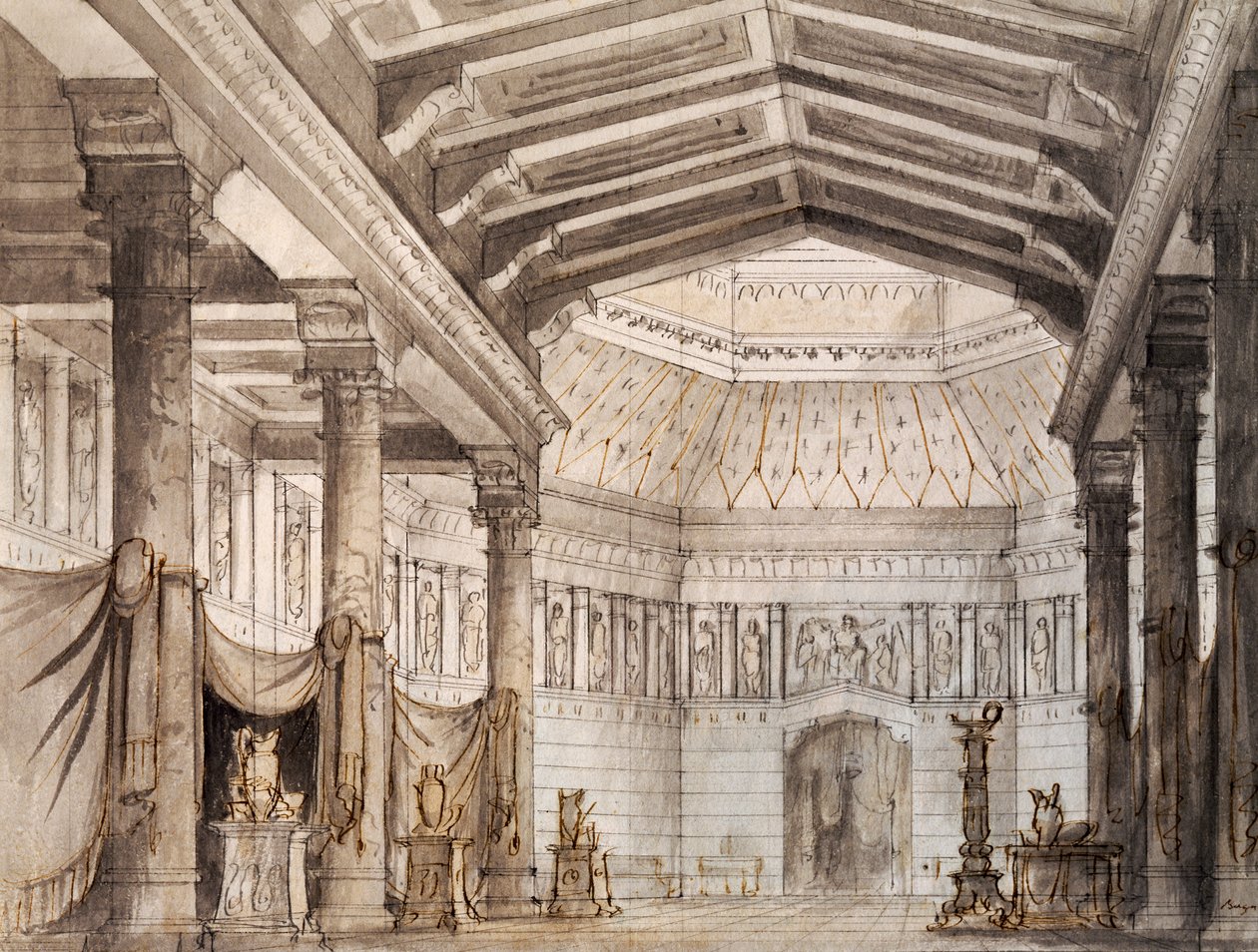 Set design for second scene of Norma, opera by Vincenzo Bellini ...