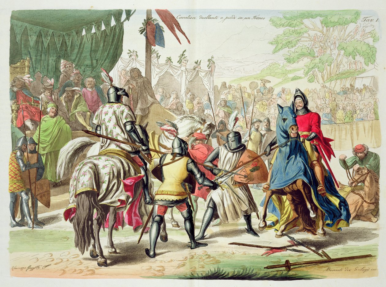 Knights Duelling on Foot in a Tournament, plate 1 from The History of the Nations, engraved by G. Lago by Vincenzo Gazzotto