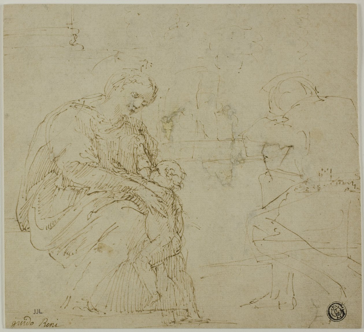 Sketches of Virgin and Child, Seated Figure, and Landscape by Vincenzo Tamagni