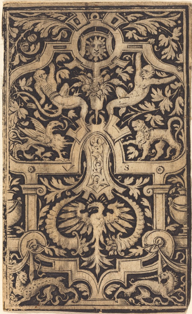 Strapwork and Foliage Ornament on Dark Ground with Monkeys and other Animals by Virgil Solis