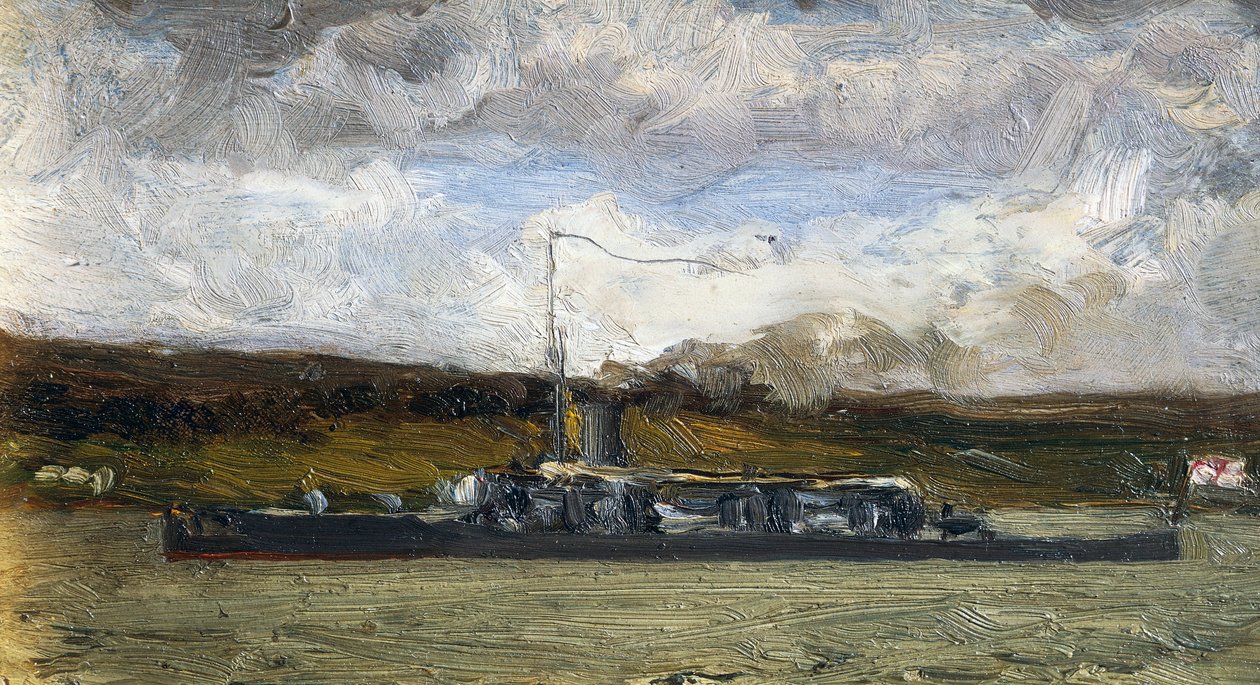 Steamship on seashore by Vittorio Avondo