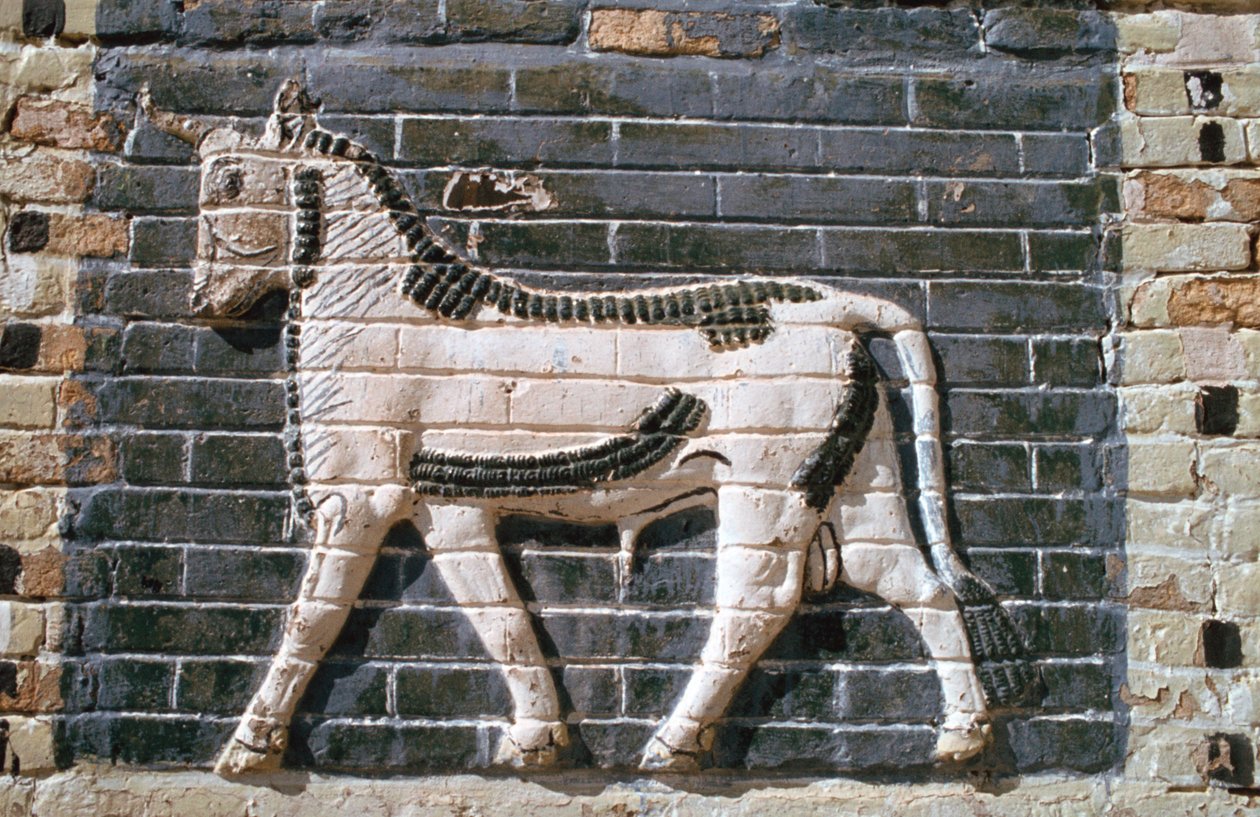 Bull, glazed bricks, Ishtar Gate, Babylon, Iraq by Vivienne Sharp
