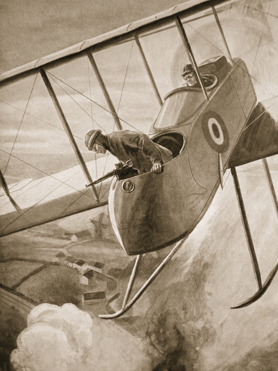 Lieutenant Carmichael dropping bombs on the rails at Menin railway station from a height of only one hundred and twenty feet by W. Avis