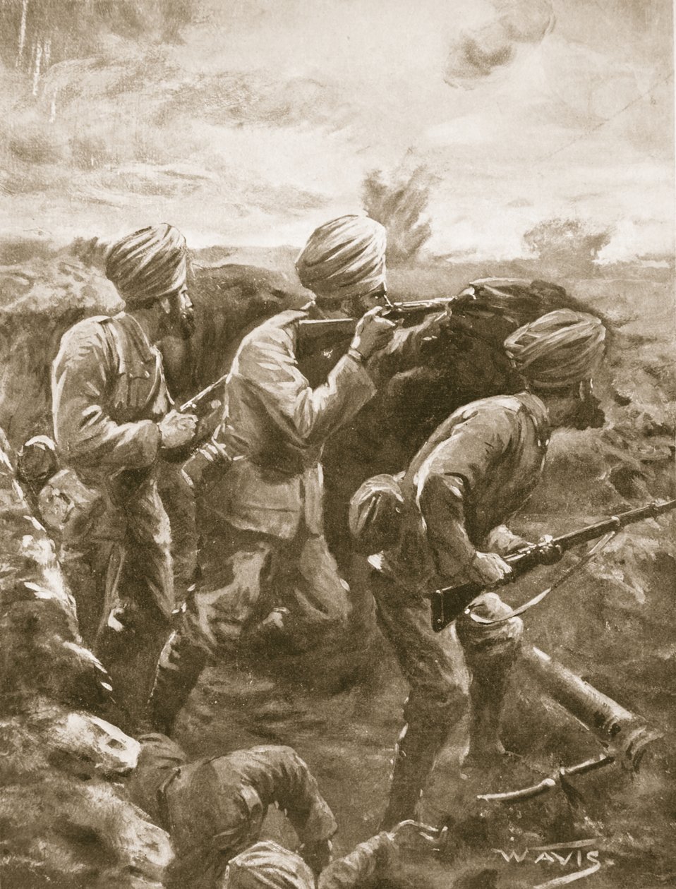 Naik Shahamad Khan, with two others, holding his ground after his machine-gun had been knocked out by shell-fire by W. Avis