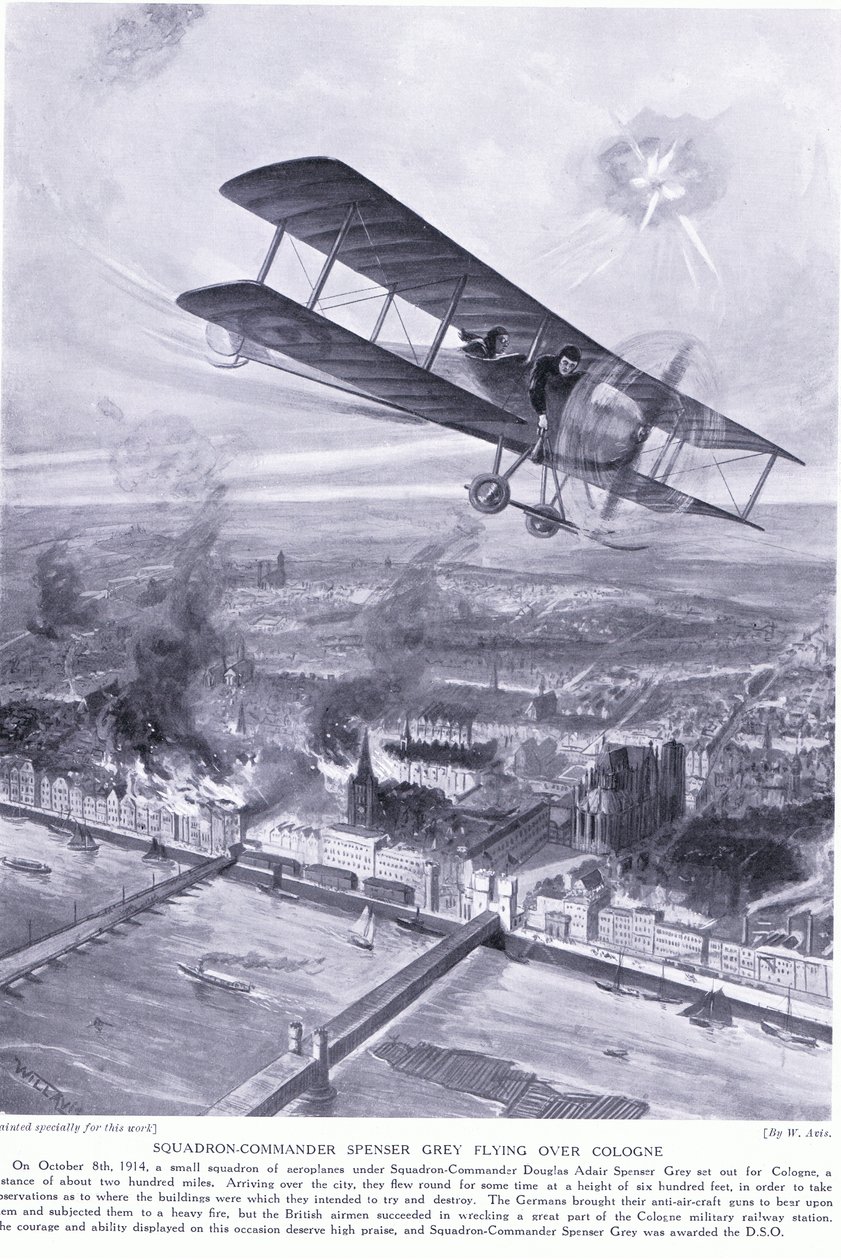 Squadron Commander Spenser Grey awarded DSO for flying over Cologne and bombing a military railway station Oct 1914 by W. Avis
