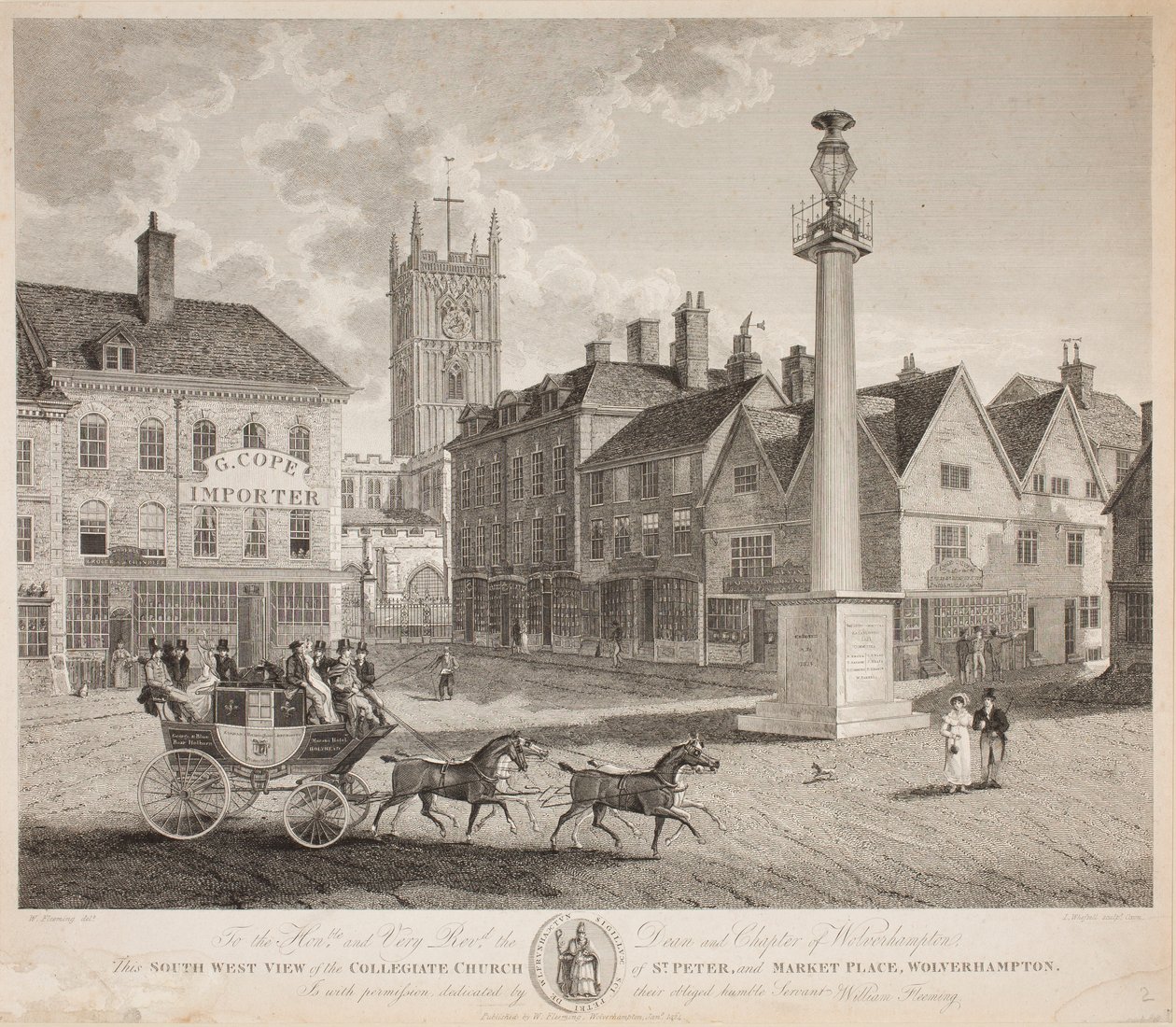 The South West View of the Collegiate Church of St. Peter and Market Place, Wolverhampton, 1824 by W. Fleeming