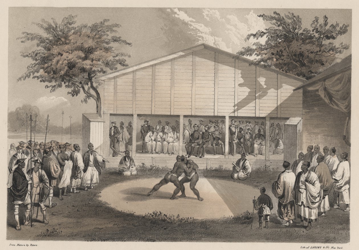 Wrestlers at Yokohama, litho by Sarony und Co. by W. T. Peters