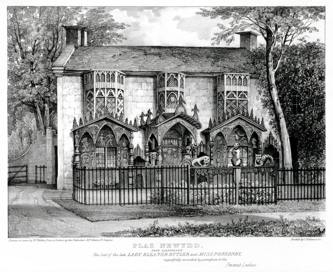 Plas Newydd, near Llangollen, Seat of the Late Lady Eleanor Butler and Miss Sarah Ponsonby, printed by Charles Joseph Hullmandel by W. after Walton