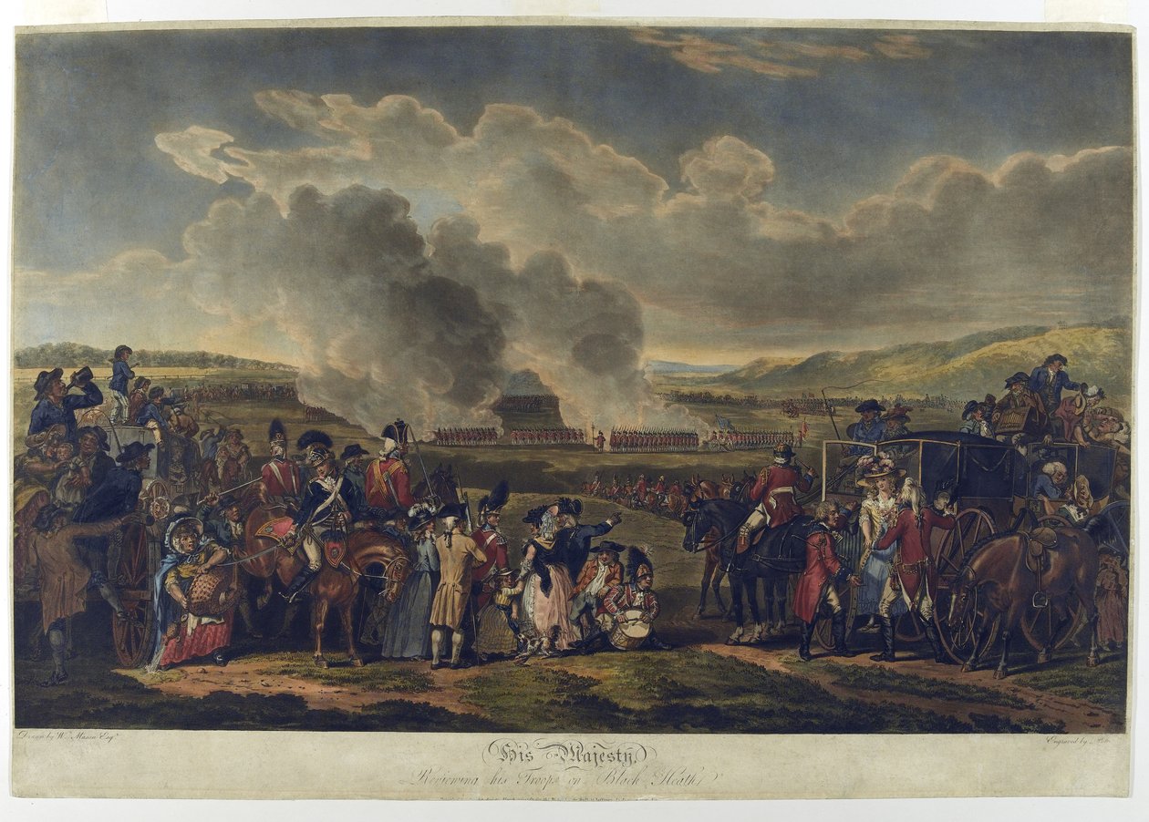His Majesty Reviewing Troops on Blackheath, 1787, etched by R. Pollard, printed 1797 by W.H. Mason