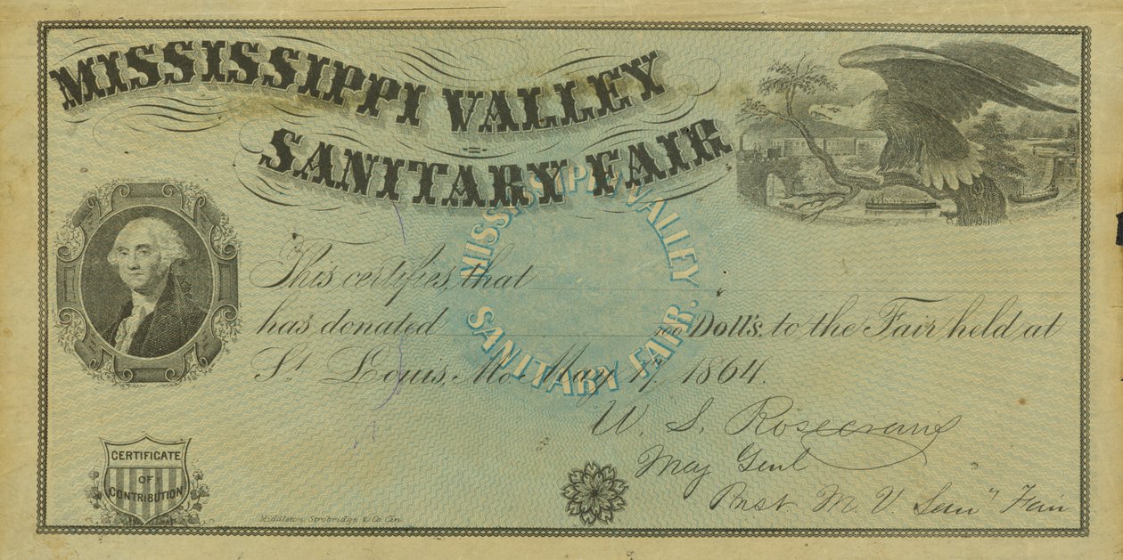 Blank illustrated certificate of contribution for donations made at the Mississippi Valley Sanitary Fair, May 7, 1864 by W. A. Rosecrans