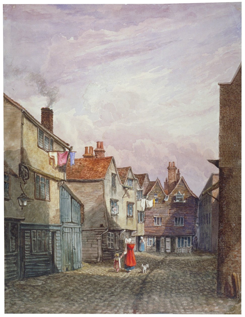 View of a woman and a child walking down Crown Court, Bermondsey, London, c1825 by W Barker