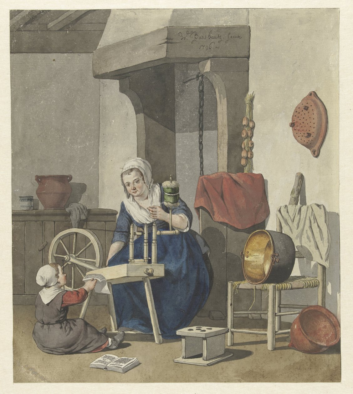 Interior with a spinning woman and a child by W. Barthautz