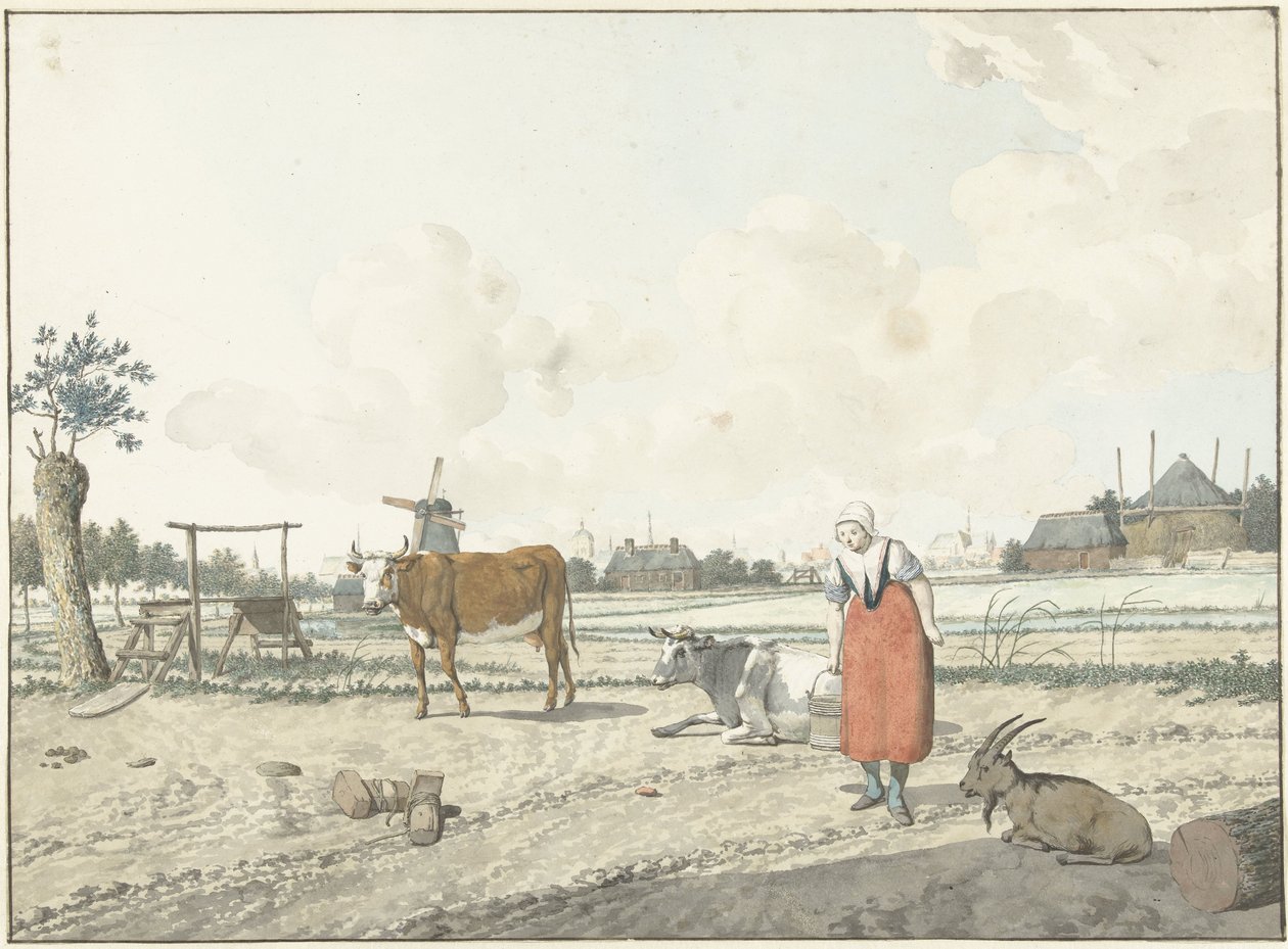 Landscape with Peasant Woman and Cattle by W. Barthautz