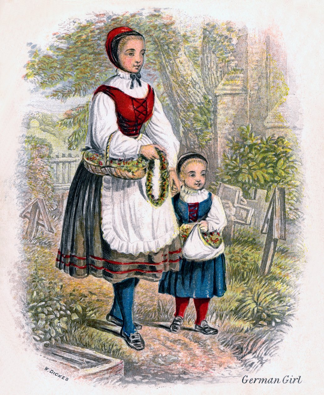 Two German Girls with Baskets of Flowers, 1809 by W. Dickes