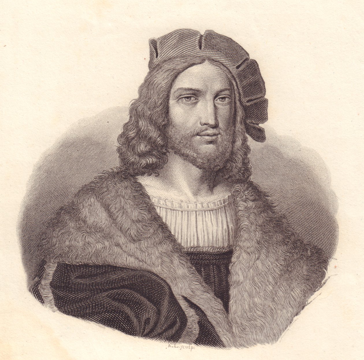Portrait of Italian poet Antonio Tebaldeo, copper engraving from painting by Raphael by John Ward Dunsmore