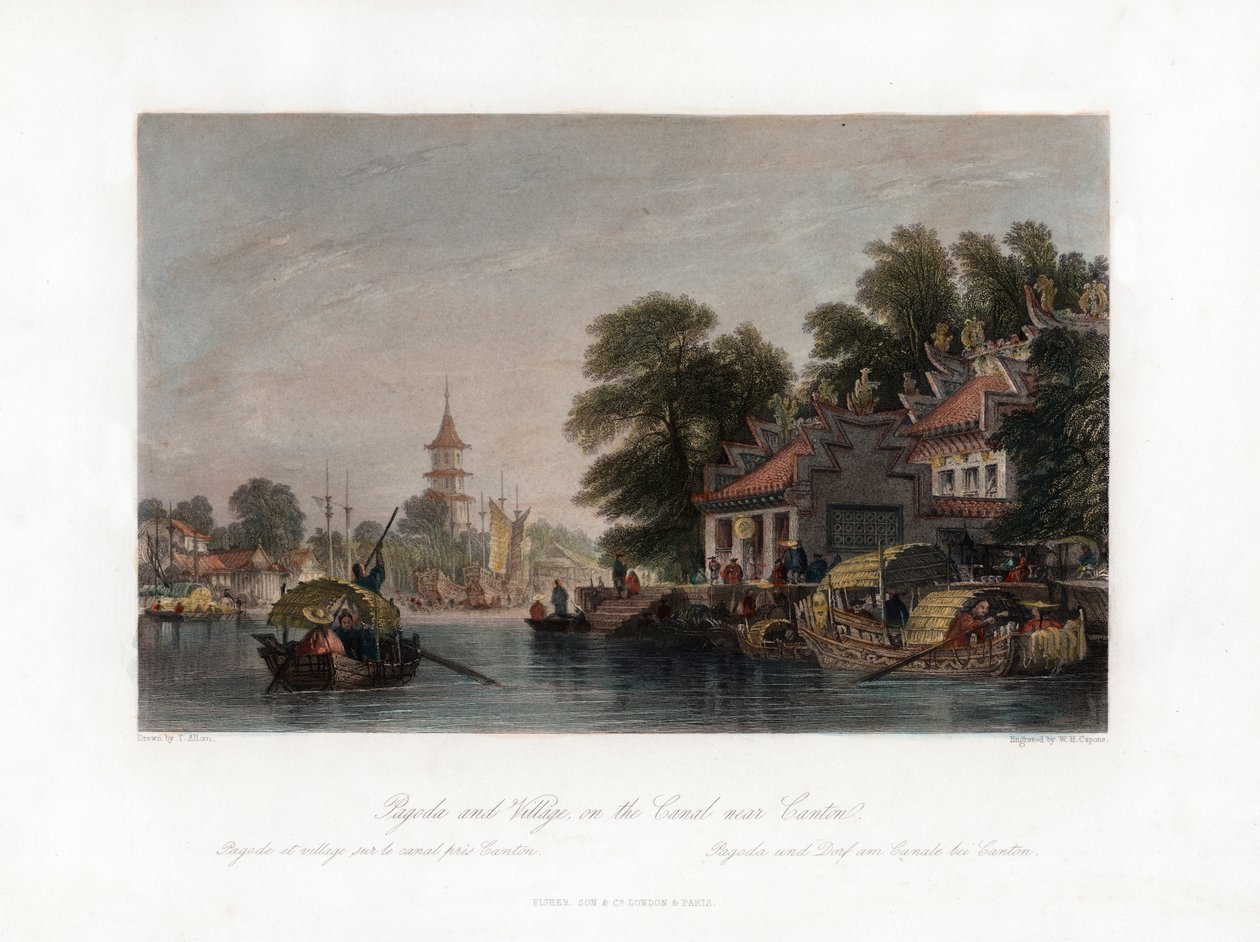 Pagoda and Village, on the Canal near Canton, China, c1840 by W. H. Capone