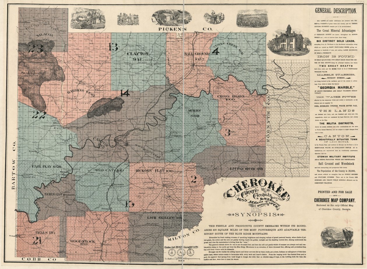 Shows the lot/block numbers and the names of residents. Endorsed as the only official map of Cherokee County. Two sheets joined together to form 1, mounted on cloth. LC Land ownership maps, 87 Includes text and ill. Available also through the Library by W. P. Bullock