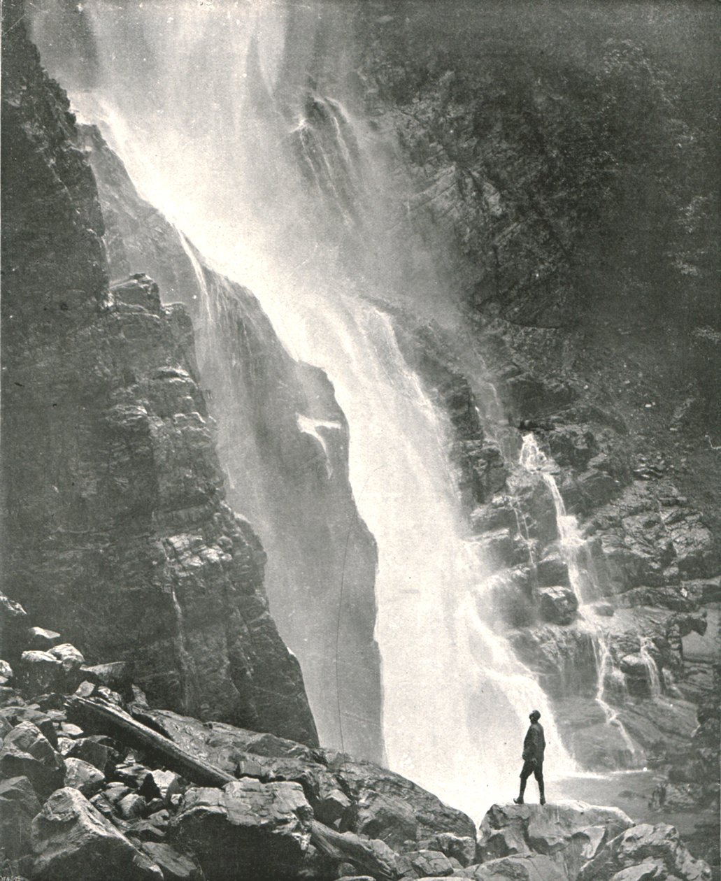 A waterfall in the hill district, Dehra Dun, India, 1895 by W and S Ltd