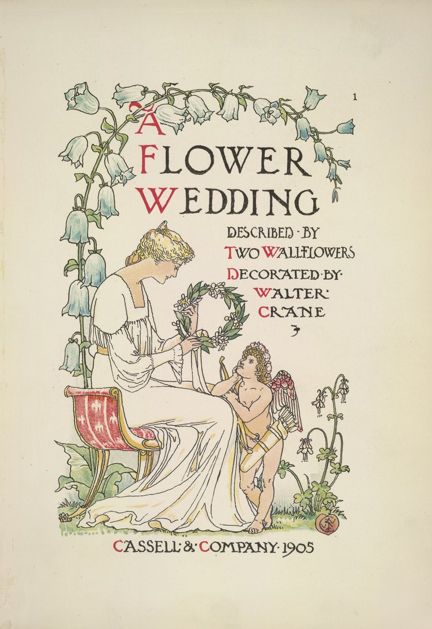 A seated woman holding a garland; an angel looking up at her by Walter Crane