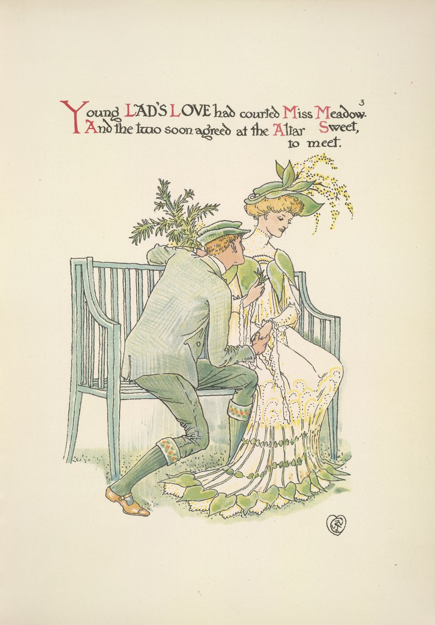 A young man courting a young woman, Miss Meadow by Walter Crane