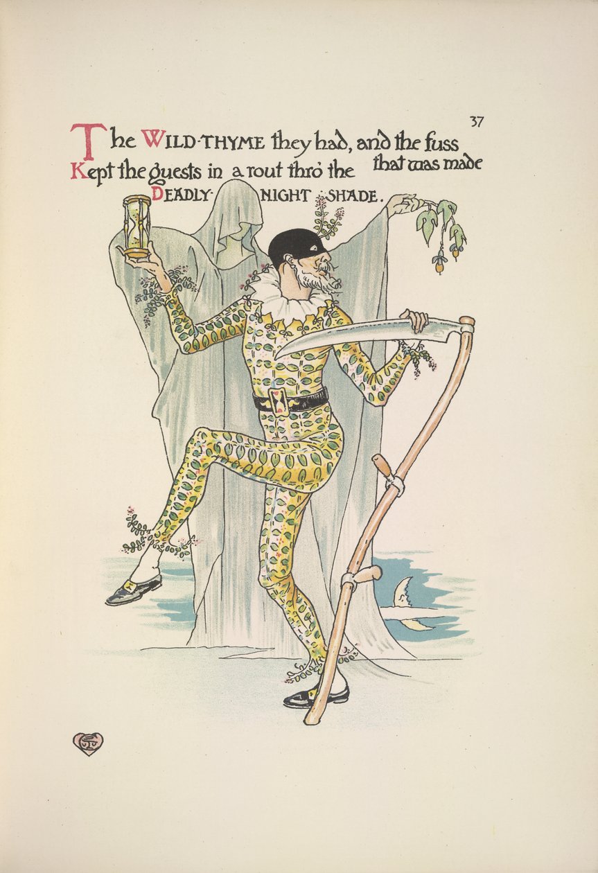 Deadly night shade. A man wearing a mask, a yellow costume and holding an egg timer and a scythe by Walter Crane