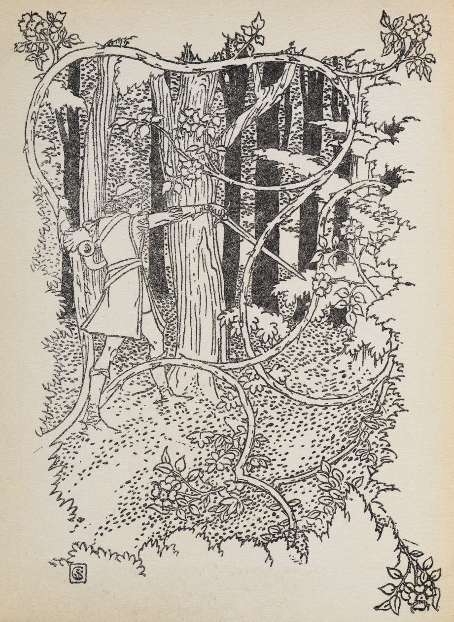 Prince Charming cuts his way through the overgrown forest to Sleeping Beauty by Walter Crane