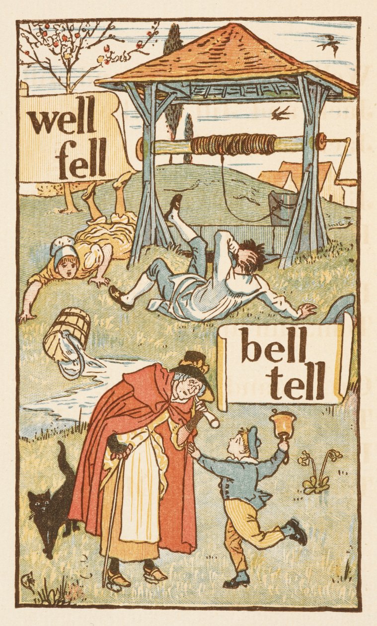 Rhyming words ending in the letter L. A boy with a bell. An old woman and her cat. The Golden Primer by Walter Crane