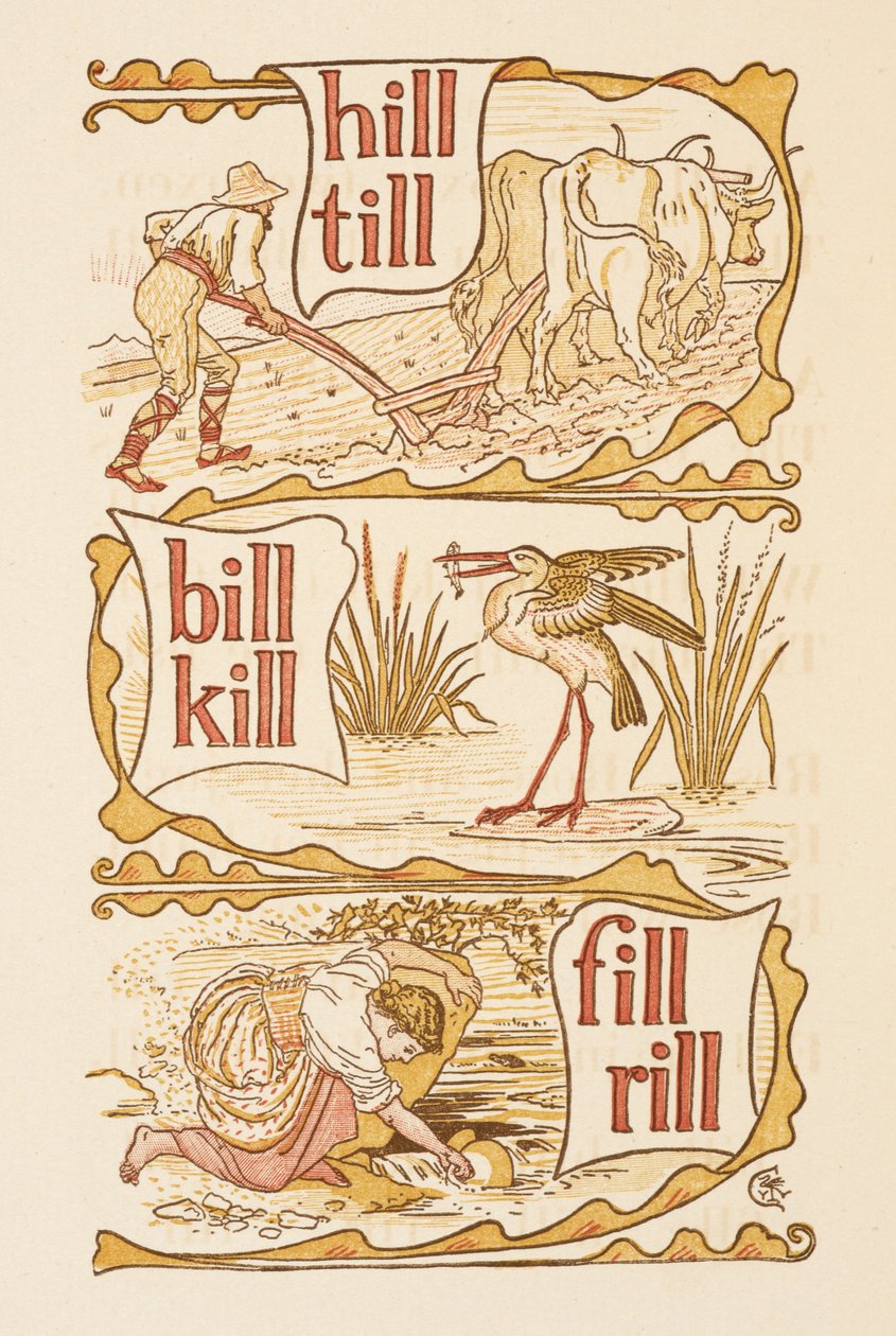 Rhyming words ending in the letter L. Ploughing. A stork. The Golden primer by Walter Crane
