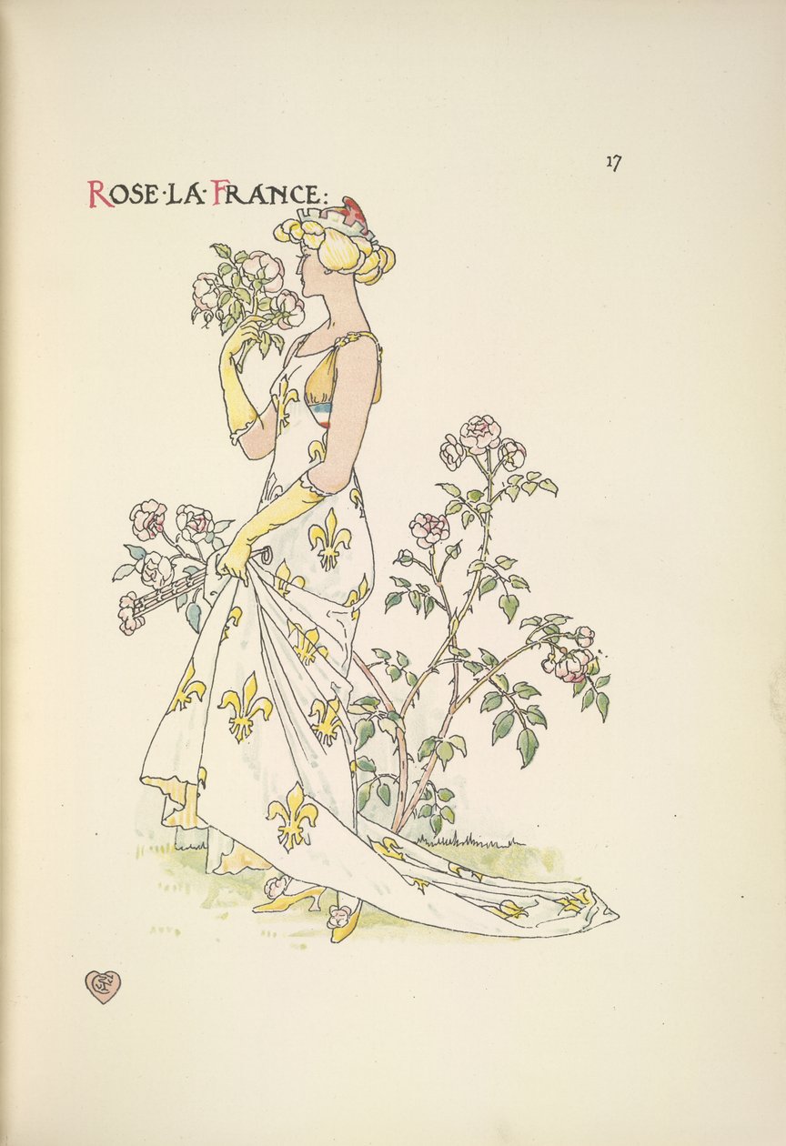 Rose La France. A young woman smelling a bouquet of flowers by Walter Crane