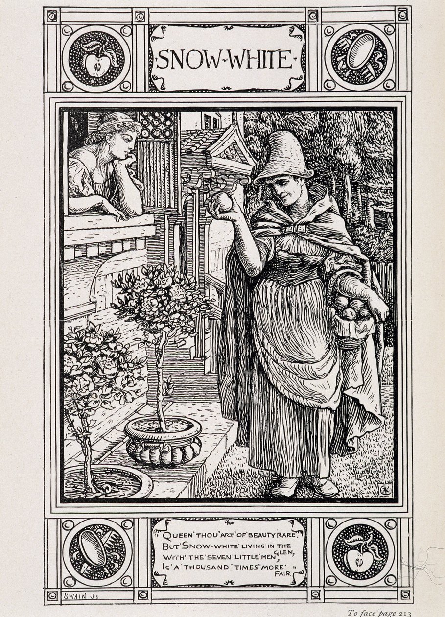 Snow White and the witch tending her apple - in Household Stories from the collection of the Bros Grimm, translated from German by Lucy Crane by Walter Crane