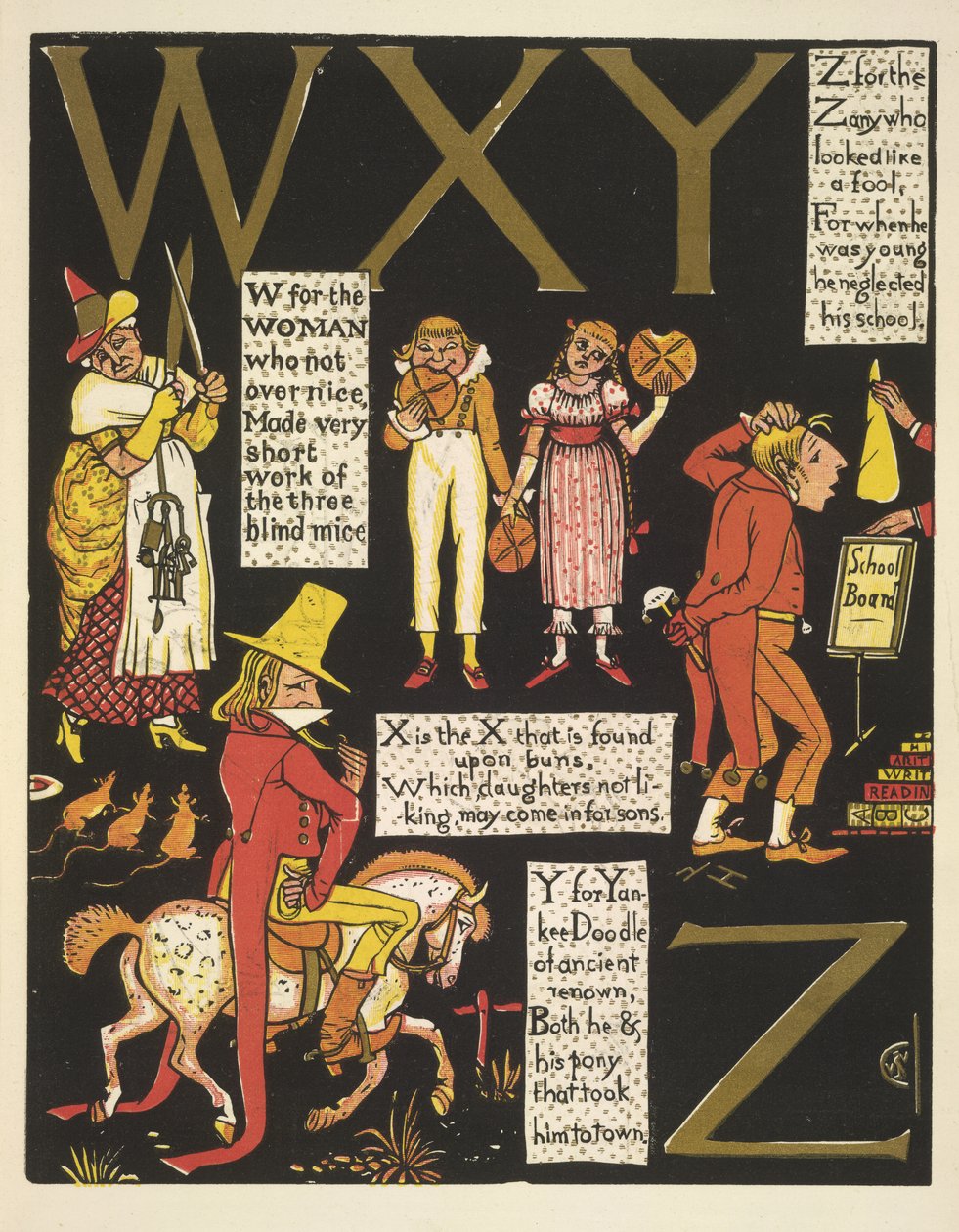 W for the Woman Who Was Not Over Nice; X is the X Found on Buns; Y for Yankee Doodle; Z for the Zany Who Looked Like a Fool by Walter Crane