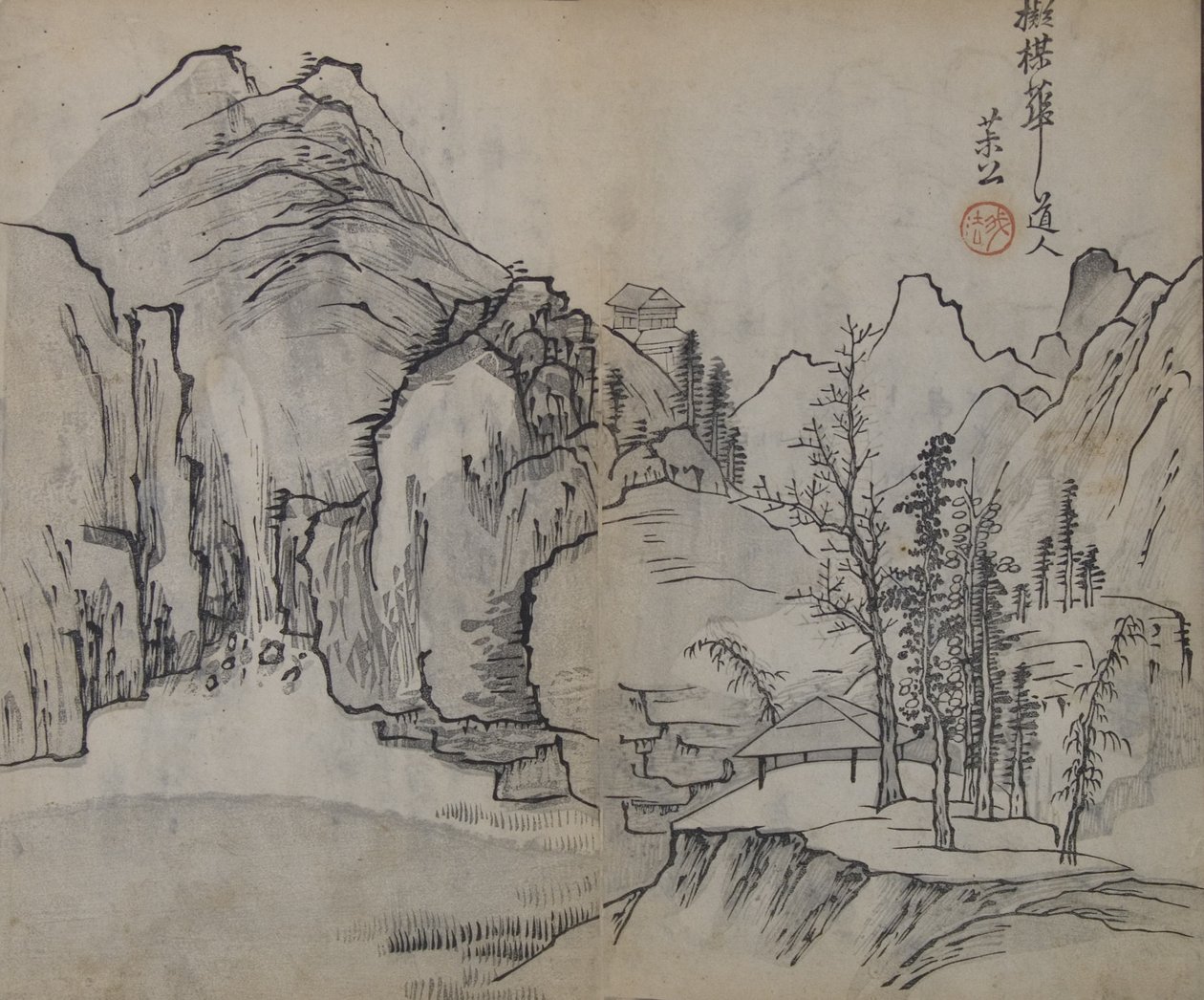 Landscape after Wu Zhen 1280-1354, from the Mustard Seed Garden Manual of Painting, First Edition, 1679 by Wang Gai