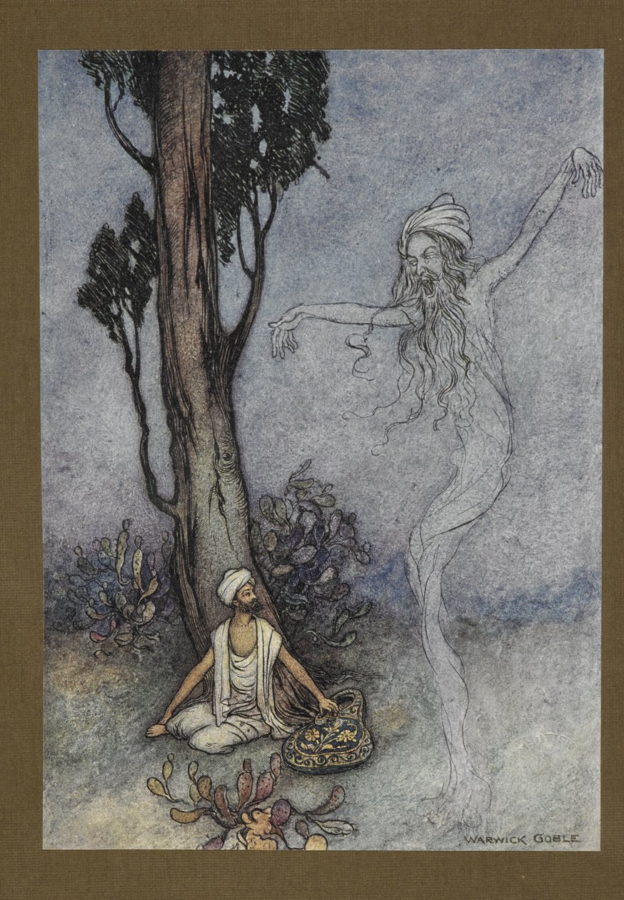 Plate 26: Now barber, I am going to destroy you. who will protect you?, from Folk-Tales of Bengal by Warwick Goble