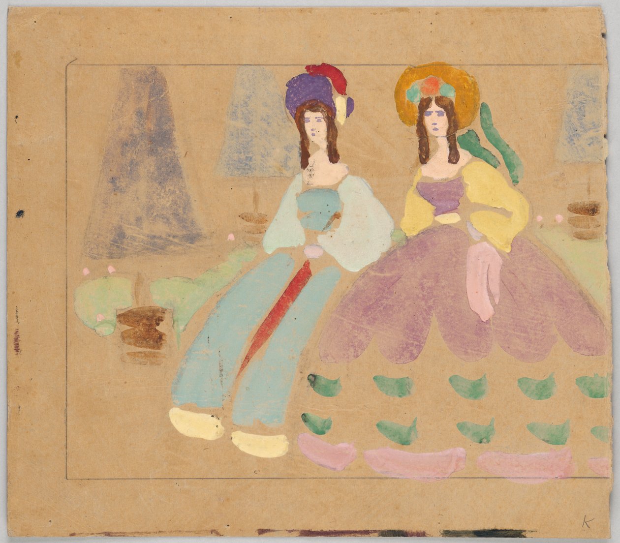 Two Ladies in Hoop Skirts in Front of Trimmed Trees in Pots by Wassily Kandinsky