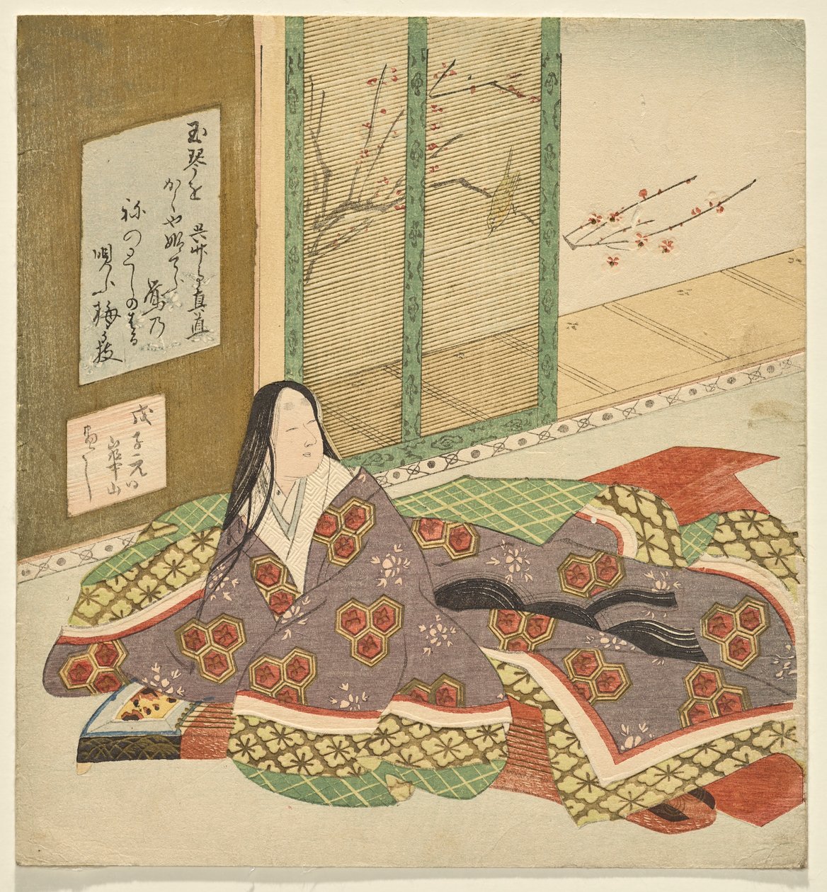 A court lady seated at a koto, looking out on a garden by Watanabe Kazan